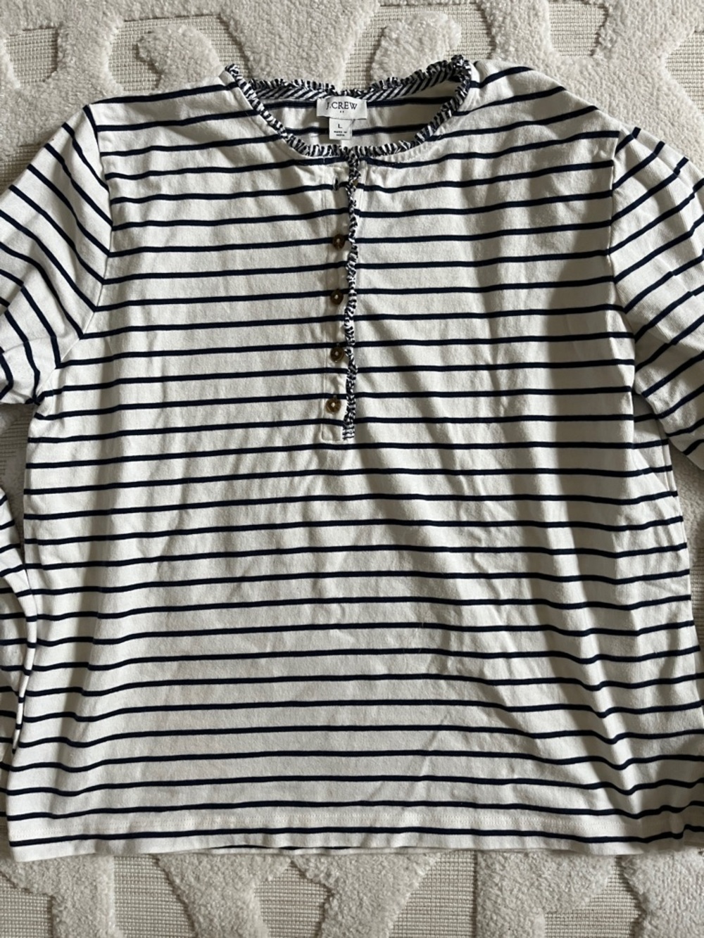 J. Crew White and Navy Striped Henley Shirt with Ruffle Sz L